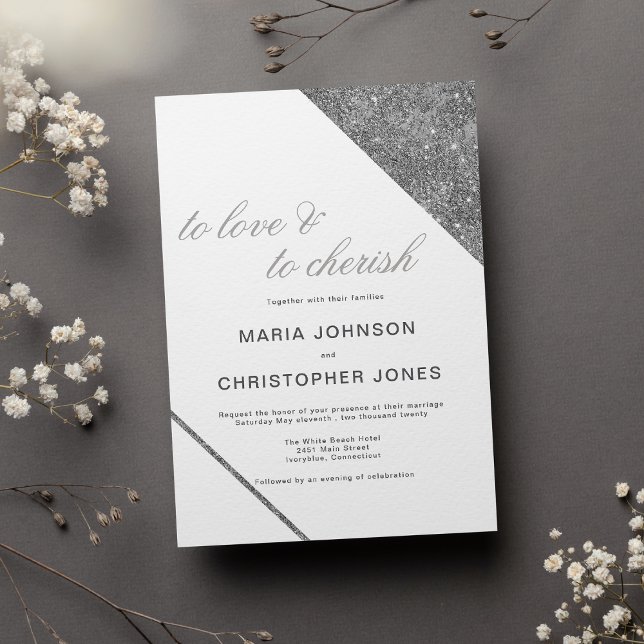 Lyxig vit klassisk skrift silver glitter bröllop inbjudningar (Luxury white classic script silver glitter wedding)