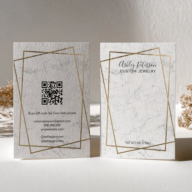 Lyxig vit marmor QR-kod örhänge display Visitkort (Luxury Gold White Marble QR code Earring Display Business Card)