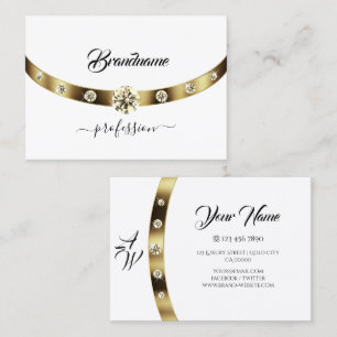 Lyxig Vit med Guld Glittrande Diamanter Monogram Visitkort