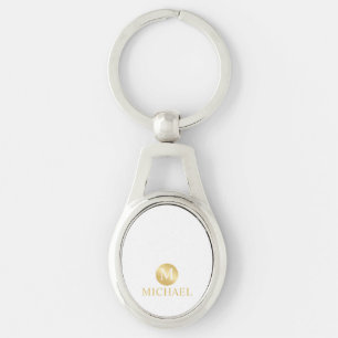 Lyxig Vit och Guld Personlig Monogram Ovalt Silverfärgad Nyckelring