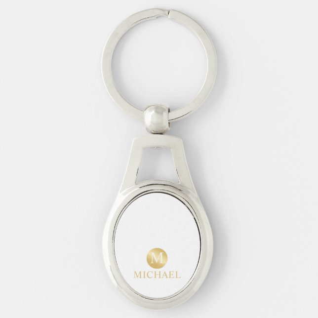 Lyxig Vit och Guld Personlig Monogram Ovalt Silverfärgad Nyckelring (Framsidan)