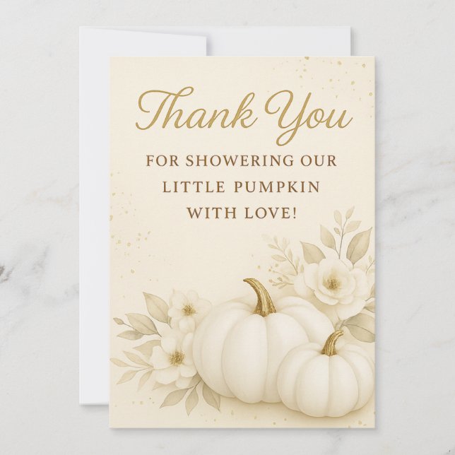 Lyxig vit och guld pumpa baby shower tack  kort (Framsida)