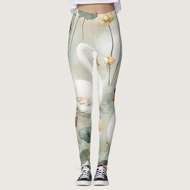 Lyxig vit svan och vattenlilja akvarellkonst L Leggings (Framsida)