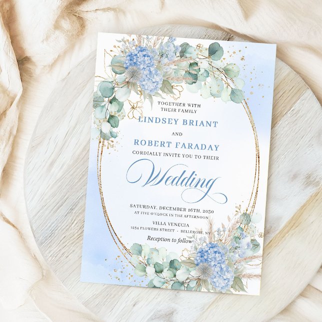 Lyxiga Blå Blommiga Vete Guld Oval Bröllopsinbjudn Inbjudningar (Luxury Blue Floral Wheat Gold Oval Wedding Invitation)