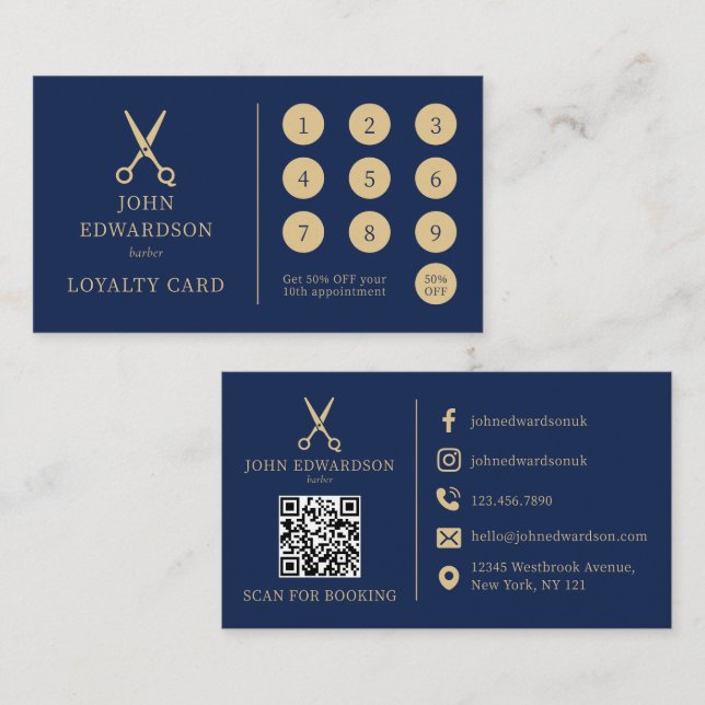 Lyxiga blå guld barberar saxar Logo QR-kod Lojalitetskort (Fram/baksida)