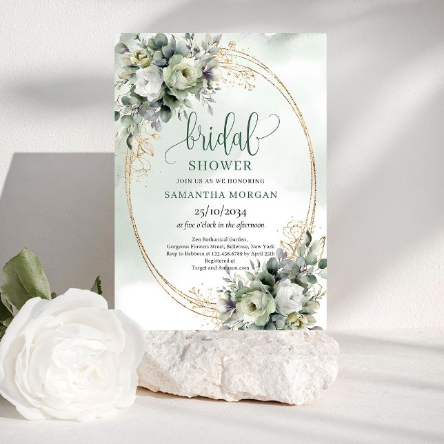 Lyxiga blommiga eukalyptusguld bröllopsfestinbjudn inbjudningar (Luxe Floral Eucalyptus Gold Bridal Shower Invitation)