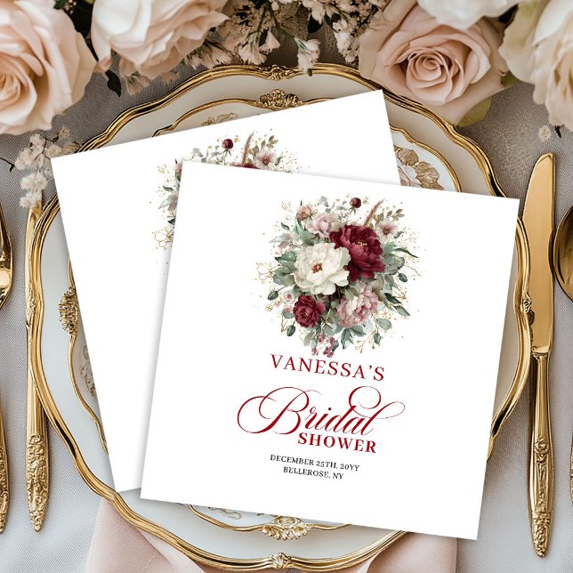 Lyxiga burgunderröda bröllopsduschservetter med bl pappersservett (Luxe Burgundy Floral Bridal Shower Napkins)