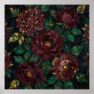 Lyxiga Burgunderrosor Guldblad Blommig Poster