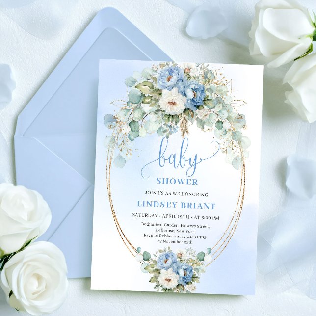 Lyxiga dammiga blå blommor Eukalyptus Guld Bebis  Inbjudningar (Luxury Dusty Blue Flowers Eucalyptus Gold Baby Shower)