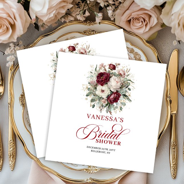 Lyxiga djupröda blomster- bröllopsshowerservetter  pappersservett (Luxury Deep Red Floral Gold Bridal Shower Napkins)