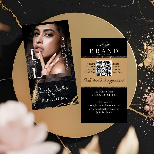 Lyxiga Glam Ögonfransförlängningar Svart Guld Agat Visitkort (Luxury Glam Eye Lashes Extensions Black Gold Agate Business Card)