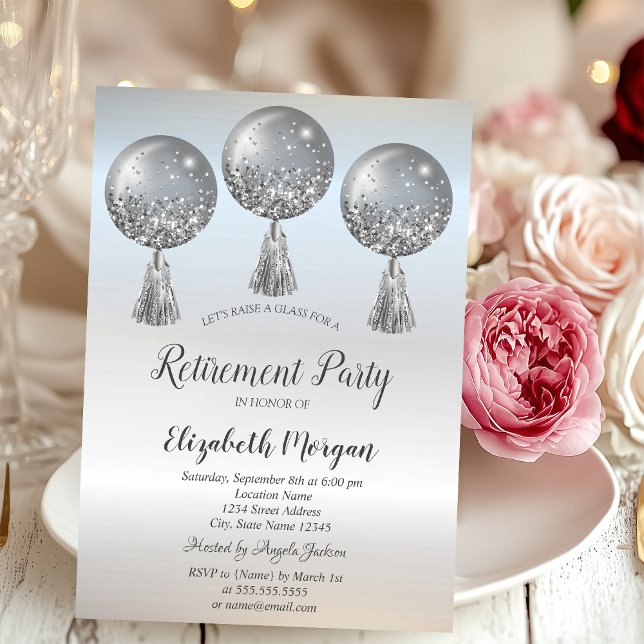 Lyxiga Glitterdroppballonger Silver Pensionering Inbjudningar (Skapare uppladdad)