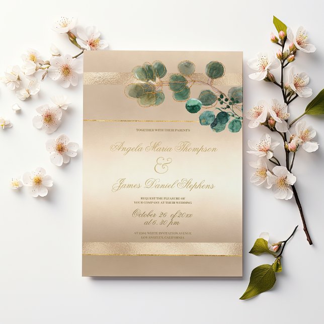 Lyxiga gröna eukalyptusblad vigsel  inbjudningar (Luxury gold green eucalyptus leaves wedding)