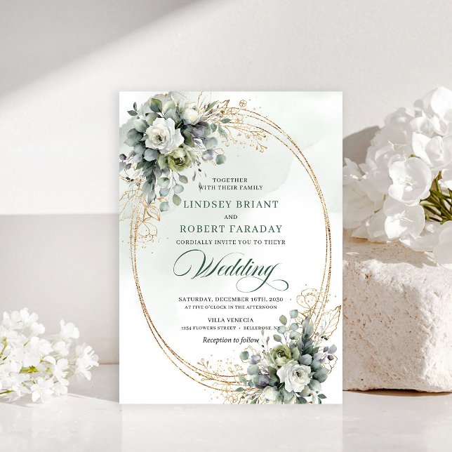 Lyxiga gröna och gyllene rosor bröllopsinbjudan inbjudningar (Luxe green and gold roses wedding invitation)