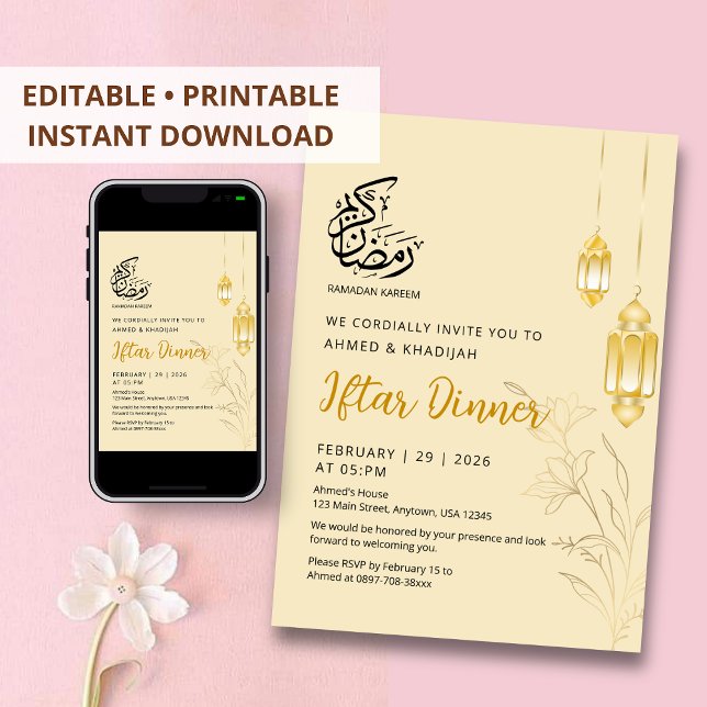 Lyxiga Guld Blommor & Eleganta Lyktor Iftar Middag Inbjudningar (Skapare uppladdad)