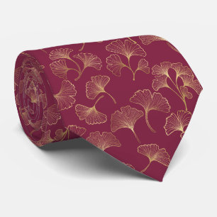 Lyxiga Guld Ginkgo blad på djup Burgundy (1) Slips
