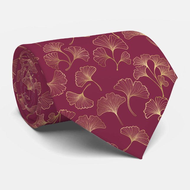 Lyxiga Guld Ginkgo blad på djup Burgundy (1) Slips (Rullad)