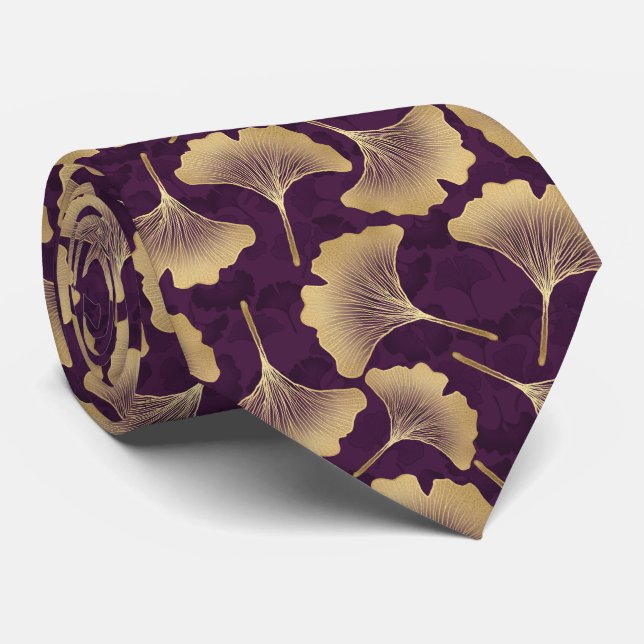 Lyxiga Guld Ginkgo blad på djup lila (8) Slips (Rullad)