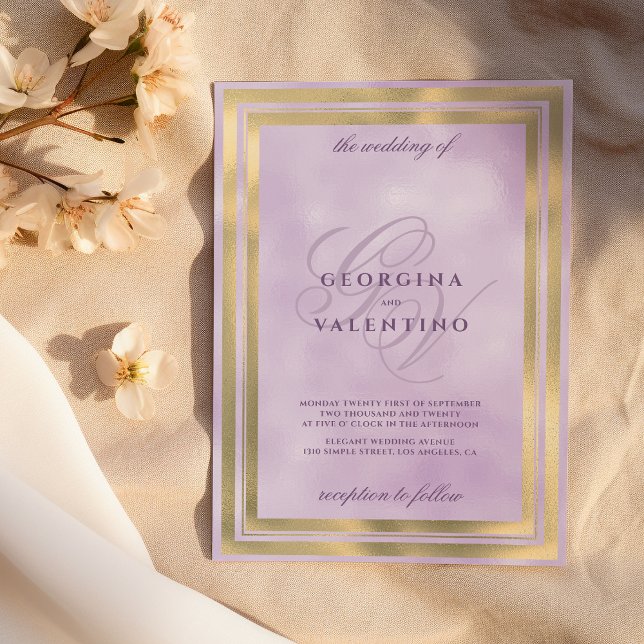 Lyxiga gyllene lavendel monogram initialer bröllop inbjudningar (Luxury gold lavender monogram initials wedding)