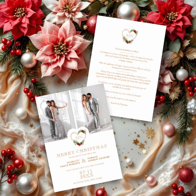Lyxiga Initialer Blommig Jul Hjärtformade 2 Bilder Spara Datumet (Luxury Initials Elegant Floral Christmas Heart 2 Photos Wedding Save the Date Holidays Cards.)
