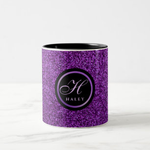 Lyxiga lila gnistrande glittermonogram initial Två-Tonad mugg