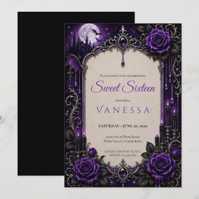 Lyxiga lila strass glitter sweet 16 inbjudningar (Fram/baksida)