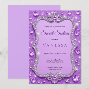 Lyxiga lila strass Glitter sweet 16 Inbjudningar