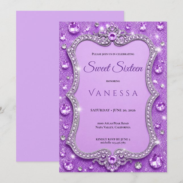 Lyxiga lila strass Glitter sweet 16 Inbjudningar (Fram/baksida)