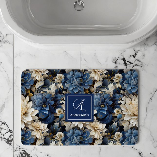 Lyxiga Marinblommor Anpassat Namn Blommig Baddröja Badrumsmatta (Luxury Navy Flowers Custom Name Floral Bath Mat)