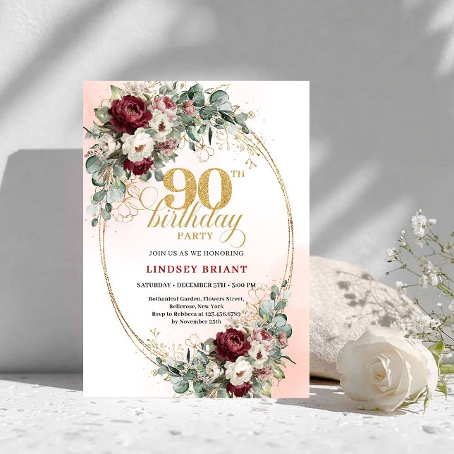 Lyxiga Maroon Peonies Eukalyptus 90-årsdag  Inbjudningar (Luxury Maroon Peonies Eucalyptus 90th Birthday Invite)