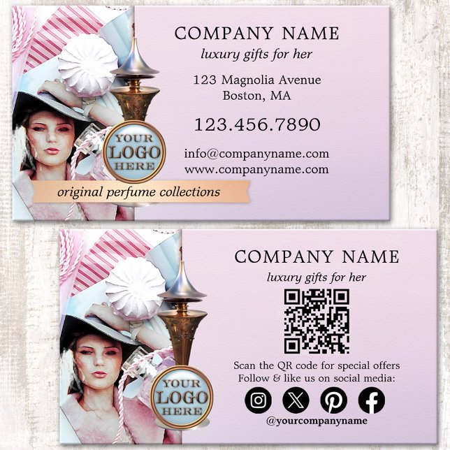 Lyxiga parfymgåvor Professionell parfym Visitkort (Elegant business card featuring a rose gold and blue perfume bottle on a magazine style background)