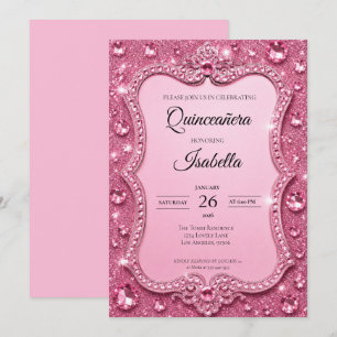 Lyxiga Rhinestones Rosa Glitter Quinceañera Inbjudningar