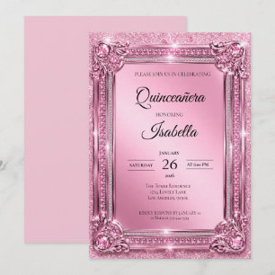 Lyxiga Rhinestones Rosa Glitter Quinceañera Inbjudningar