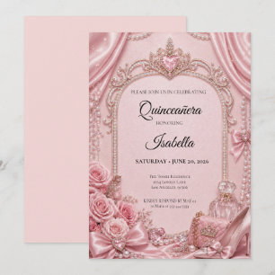 Lyxiga Rhinestones Rosa Quinceañera Inbjudningar