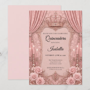 Lyxiga Rhinestones Rosa Quinceañera Inbjudningar