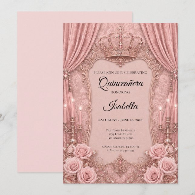 Lyxiga Rhinestones Rosa Quinceañera Inbjudningar (Fram/baksida)