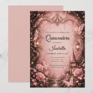 Lyxiga Rhinestones Rosa Quinceañera Inbjudningar