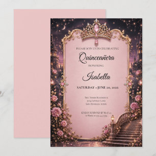 Lyxiga Rhinestones Rosa Quinceañera Inbjudningar