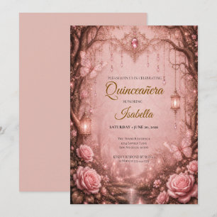 Lyxiga Rhinestones Rosa Quinceañera Inbjudningar