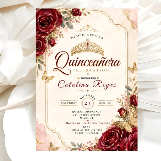 Lyxiga röda & guldrosor Quinceañera Inbjudningar (Skapare uppladdad)