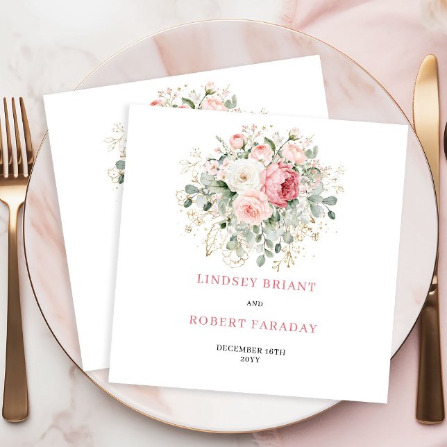 Lyxiga Rosa Blommiga Guld Boho Bröllopsservetter Pappersservett (Luxury Blush Floral Gold Boho Wedding Napkins)