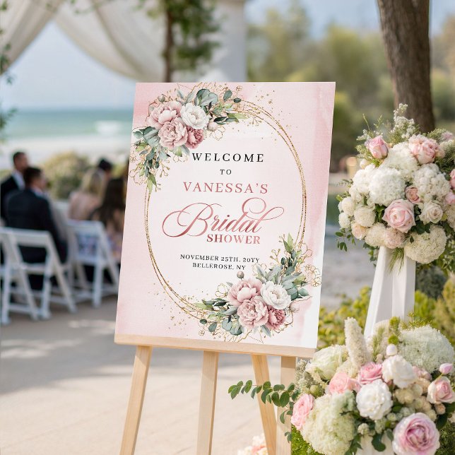 Lyxiga Rosa Guld Blommor Grönska Bröllopsfest Poster (Luxury Rose Gold Flowers Greenery Bridal Shower Sign)