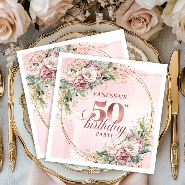 Lyxiga Rosa Guld Röda Födelsedagsfest Servetter (Luxury Rose Gold Blush 50th Birthday Party Napkins)
