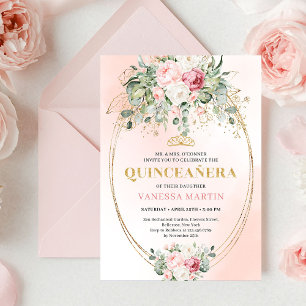 Lyxiga Rosa Rosor Grönska Guld Quinceañera Inbjuda Inbjudningar