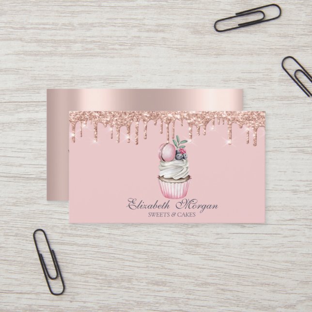 Lyxiga sötsaker Cupcake Macaroon Rose Gold Drips Visitkort (Fram/Back In Situ)