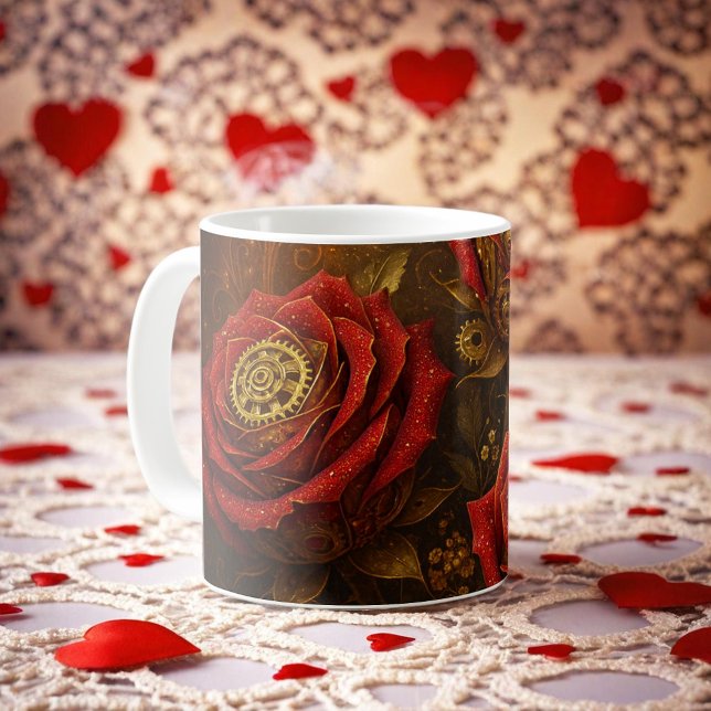 Lyxiga Steampunkrosor Romantiska Guldväxlar Kaffemugg (Skapare uppladdad)