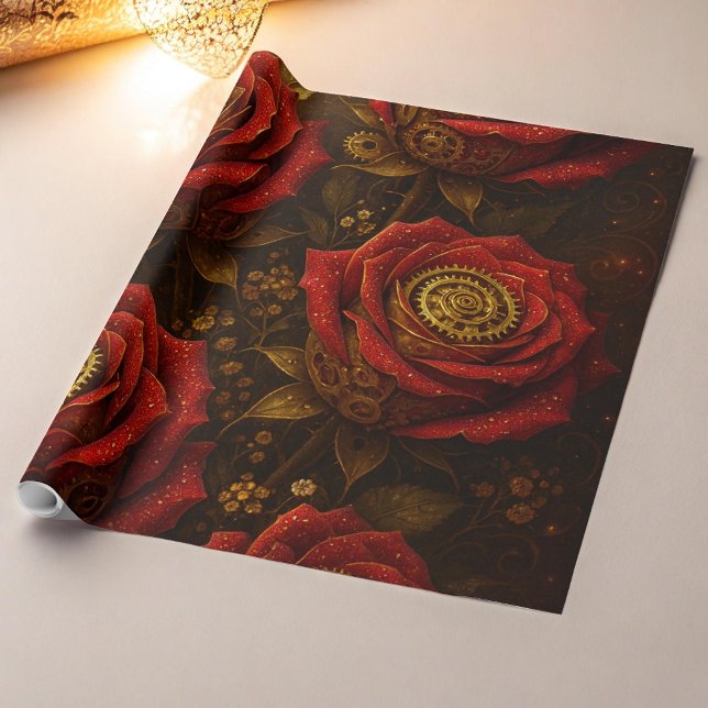 Lyxiga Steampunkrosor Romantiska Guldväxlar Presentpapper (Skapare uppladdad)