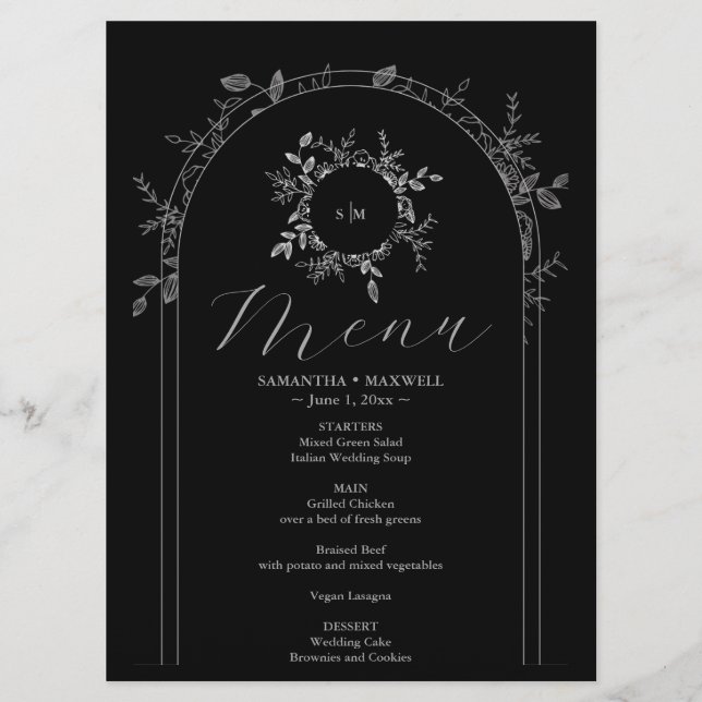 Lyxiga svarta eleganta tryckta menykort  meny (Framsida)