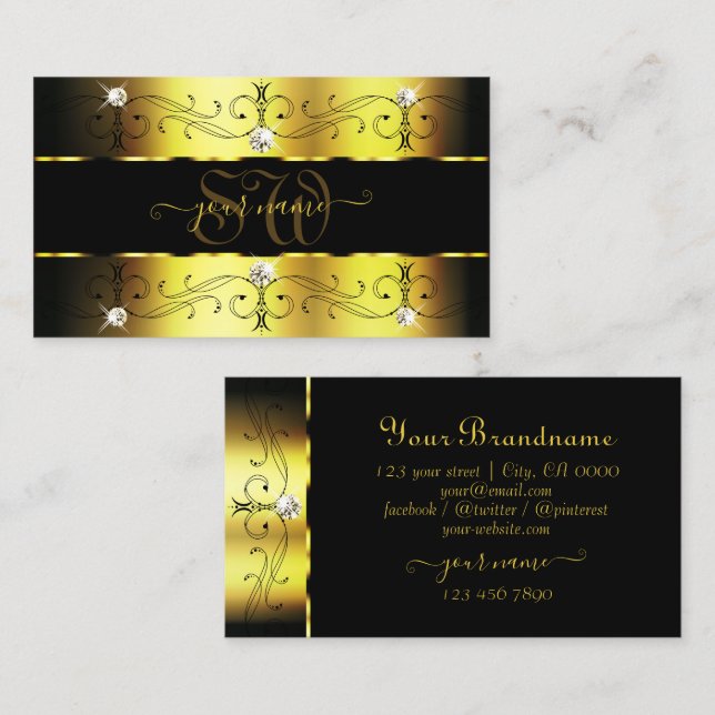 Lyxiga Svarta Ornamentala Ramar Juveler Monogram Visitkort (Fram/baksida)