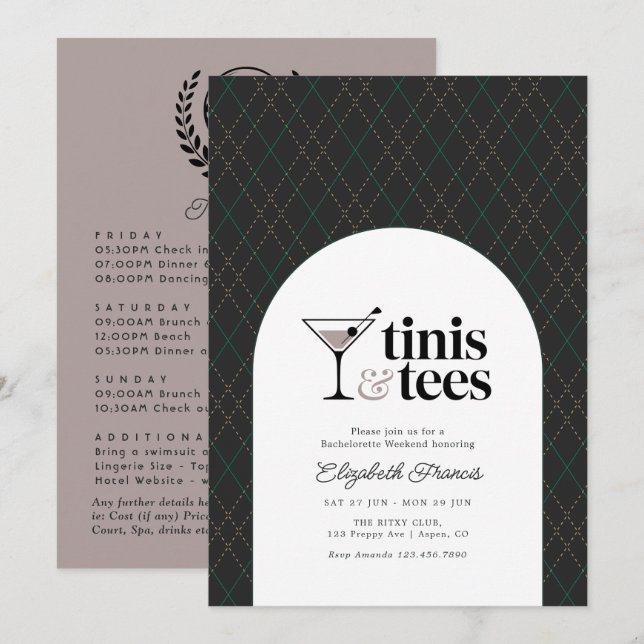 Lyxiga Tinis & Tees Golf Möhippa Helg Inbjudningar (Fram/baksida)